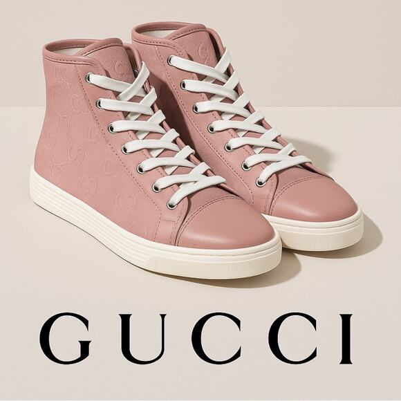 GUCCI GG Miro High Top Sneakers Soft Pink Monogram Lace Up Fabric EU 38 US 8 NEW - Picture 1 of 9